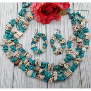 Artisan Boho Multi Strand Statement Necklace Hoop Earrings Set Cream & Turquoise
